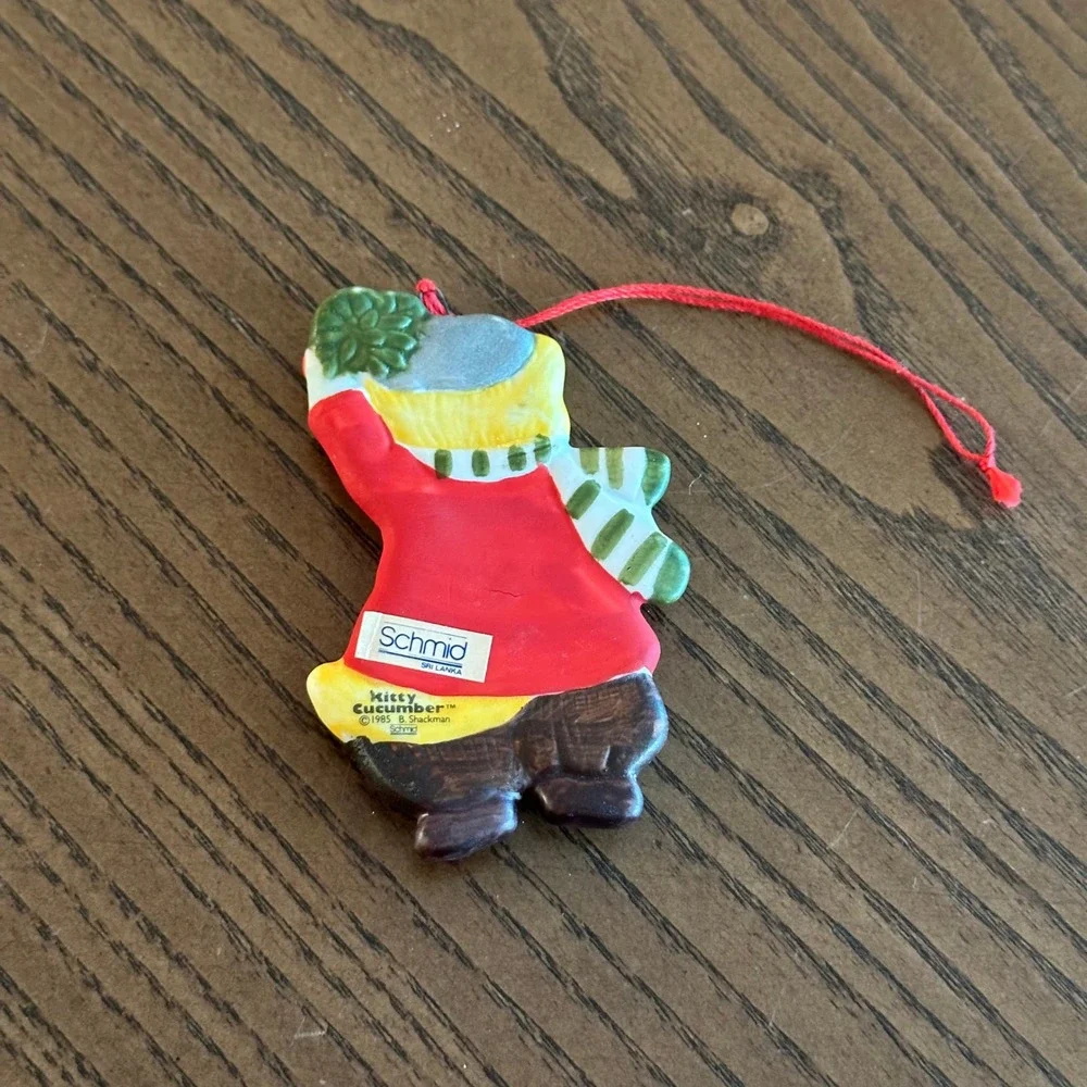 Vintage 1985 Schmid Kitty Cucumber Christmas Ornament Red‎ Coat Cat B Shackman